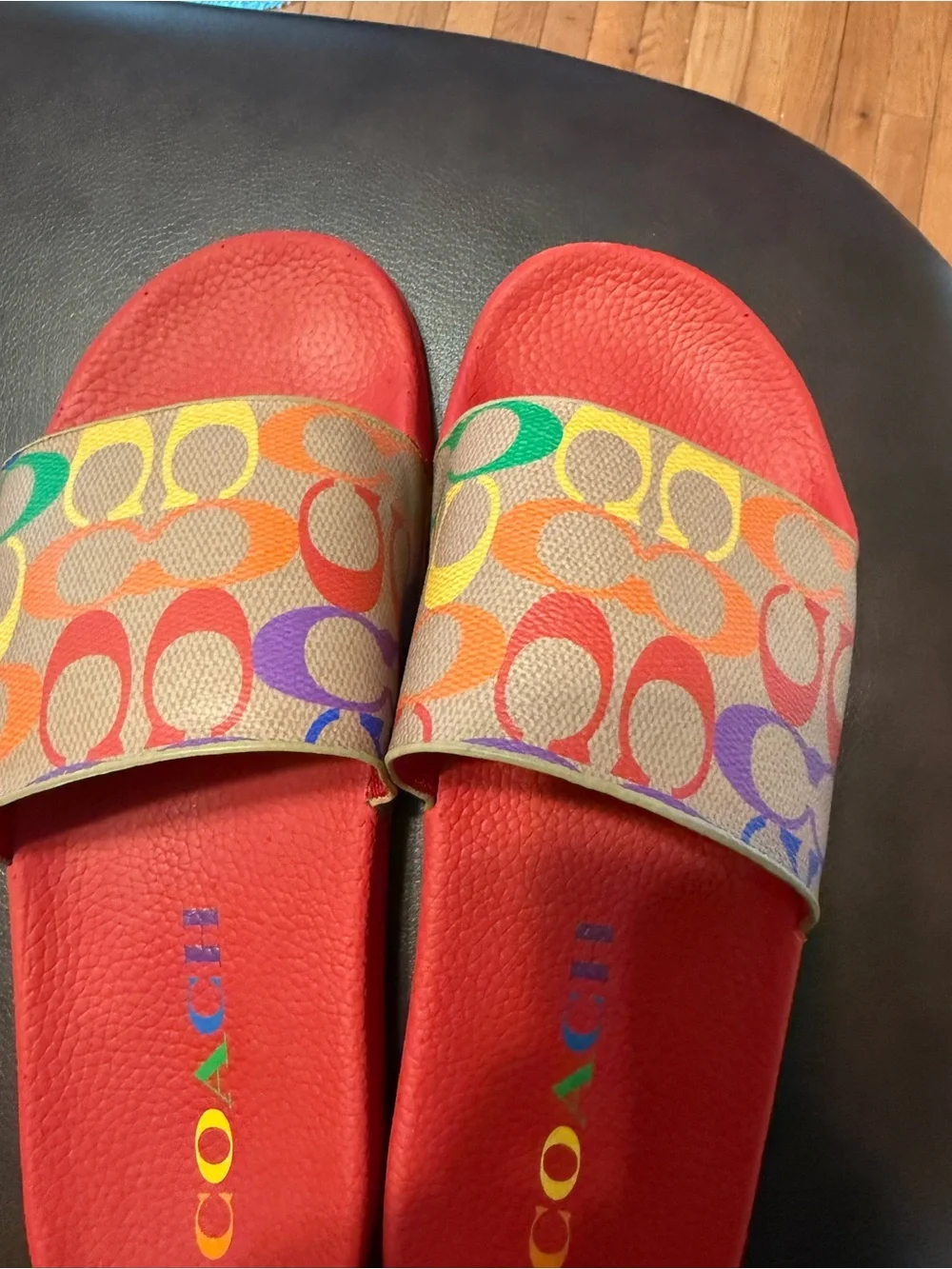 Coach Bright Red Slides with Multicolor Signature Strap - Picture 1 of 8